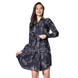 OM SAI LATEST CREATION Western Dresses for Women || Rayon Paper Printed Dress for Women || Dress with Belt Cuff Full Sleeve & Spread Collar || Casual Western Dress for Women. (X-Large NavyBlue),Navyblue