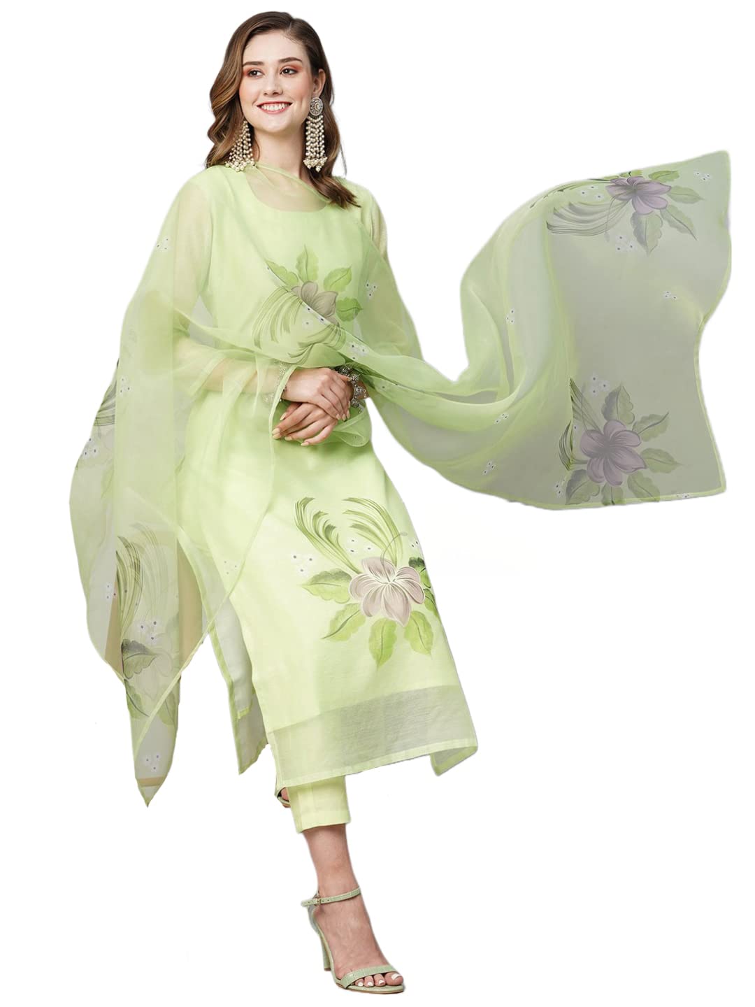 Anni Designer Women'S Chanderi Cotton Straight Printed Kurta With Pant & Dupatta (Idika Green-Nw_S_Green_Small),Green,S