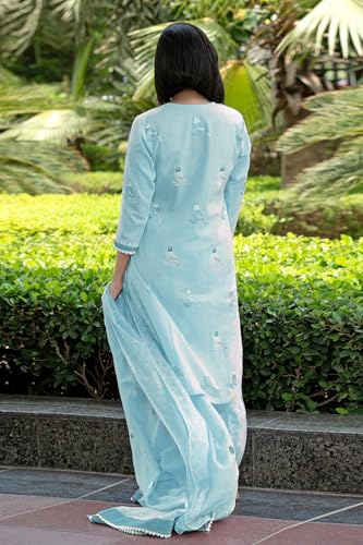 Anni Designer Women'S Rayon Blend Hand Block Printed Straight Kurta With Pant & Dupatta (Ragsri Ice Blue-Vks04_L_Sky Blue_Large),Blue,L,Rayon Blend,Regular,Kurta, Scarf