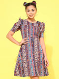 Oomph! Women'S Western & Fusion Wear Below Knee Shift Multicolor Dress In Crepe Fabric With Round Neck And Puff Sleeves - Md625L