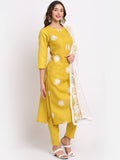 Anni Designer Women'S Cotton Straight Kurta With Pant & Dupatta (Kptd-Cot-10003-Yellow_L_Yellow_Large),Yellow,L,Cotton Blend,Straight,Kurta, Pants, Scarf
