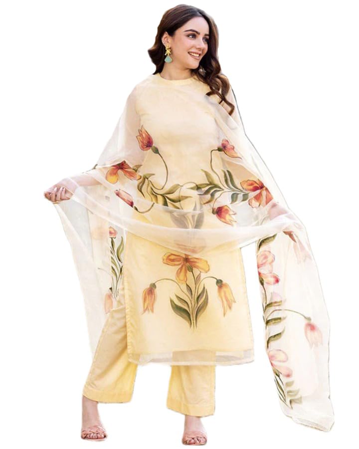 Anni Designer Women'S Chanderi Cotton Straight Printed Kurta With Pant & Dupatta (Falak-Cream-Sm_3Xl_Cream_Xxx-Large),Cream,3XL