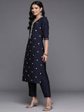 Libas Blue Yoke Design Silk Blend Straight Kurta With Trousers & Dupatta Blue M