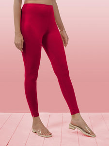 Lyra Women Solid Premium Cotton Ankle Length Leggings | Mid-Waist | Fashionwear Pink L