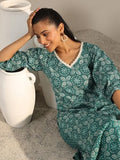 Libas Womens Printed Cotton Straight Kurta With Trousers Teal 2Xl
