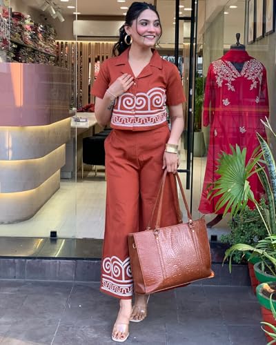 Anni Designer Women'S Rayon Viscose Straight Printed Kurta With Palazzo (Simla Rust_Xxl_Rust_Xx-Large),Rust,2XL,Rayon,Regular,