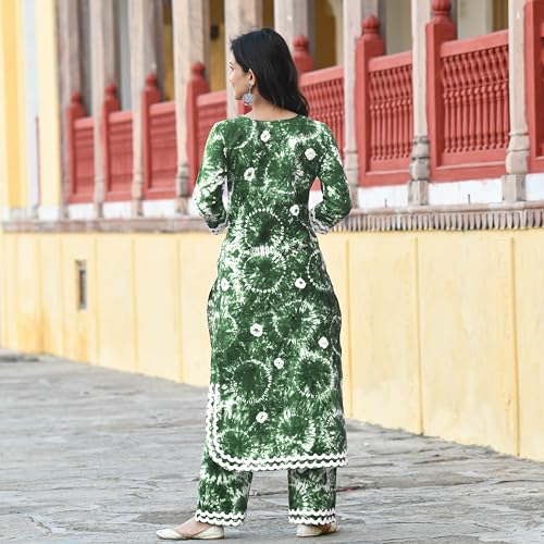 Anni Designer Women'S Cotton Blend Printed Straight Kurta With Palazzo Set (Hand Block Green_S_Green_Small),Green,S,Cotton Blend,Regular,Kurta, Pants