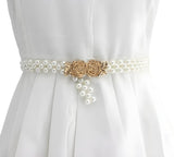 Syga WomenS Pearl Waist Chain With Golden Rose Floral Buckle Stretchable Kamarband Suitable Size For Waist 2434 Inch