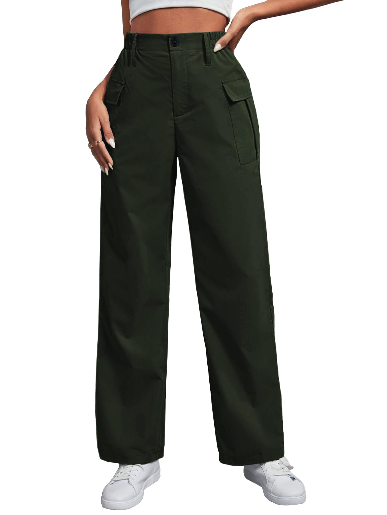 Toplot Cotton Solid Multi-Pocket Cargo Pant For Women (Wide-Leg-Cargo-5195-Green-30),Green,30,B0D9VPYJK3