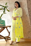 Anni Designer Women'S Rayon Blend Anarkali Printed Kurta With Pant & Dupatta (Renu-Yellow-Nw_Xl_Yellow_X-Large),Yellow,XL,Rayon Blend,Anarkali,Dupatta