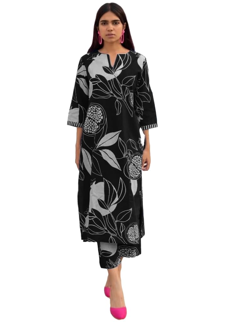 Anni Designer Women'S Cotton Blend Straight Printed Kurta With Pant (Anaar-Black_Xxl_Black_Xx-Large),Black,2XL