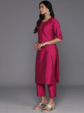 Libas Magenta Solid Silk Blend Straight Kurta With Trousers & Dupatta