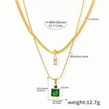 Layered Gold Chain Necklace with Green Zircon & Crystal Drop Pendant Stainless Steel Adjustable 15.7''+1.9'' Elegant Womens J