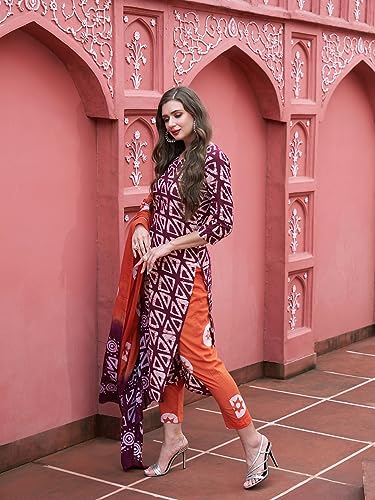 Anni Designer Women'S Cotton Blend Straight Printed Kurta With Pant & Dupatta (Sidda Wine_M_Wine_Medium),Wine,M,Cotton Blend,Regular,Dupatta