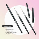 Winstonia Striping Nail Art Brushes for Long Lines, Details, Fine Designs. 3 pcs Striper Brushes with Caps - AMAZING TRIO