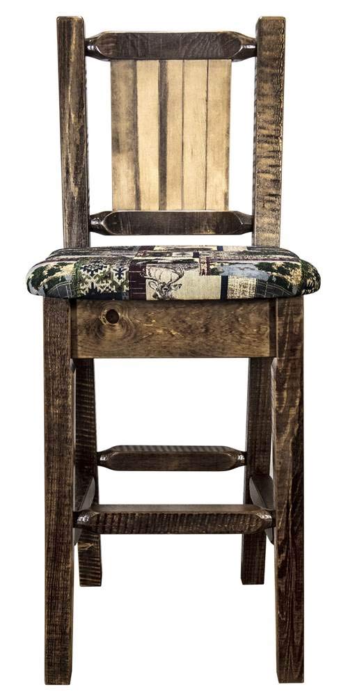 Montana Woodworks Homestead Collection Barstool With Upholstered Seat, Woodland Pattern, Laser Engraved Bear Design, Stained & L