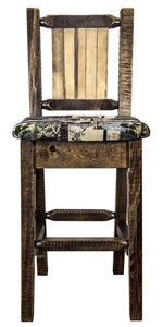 Montana Woodworks Homestead Collection Barstool With Upholstered Seat, Woodland Pattern, Laser Engraved Bear Design, Stained & L