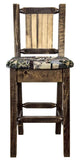 Montana Woodworks Homestead Collection Barstool With Upholstered Seat, Woodland Pattern, Laser Engraved Bear Design, Stained & L