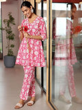Libas Womens Printed Cotton A-Line Kurta With Trousers Pink L