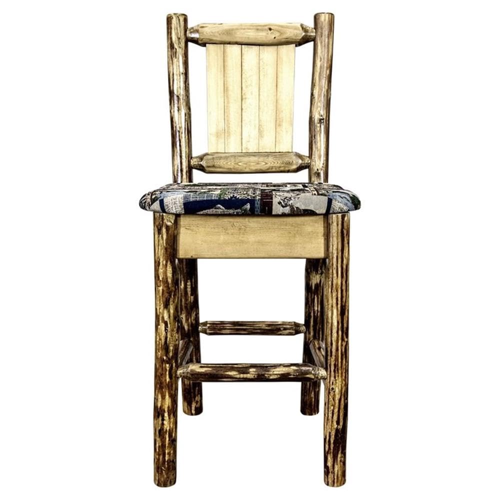 Montana Woodworks Glacier Country Collection Barstool With Upholstered Seat, Woodland Pattern, Laser Engraved Elk Design, Staine