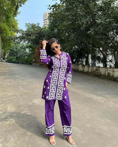 Anni Designer Women'S Cotton Blend Straight Chikankari Embroidered Kurta With Palazzo (Lko Purple-Nsc_M_Purple_Medium),Purple,M,Cotton Blend,ANNI DESIGNER Women's Cotton Blend Straight Chikankari Embroidered Kurta with Palazzo (LKO Purple-NSC),