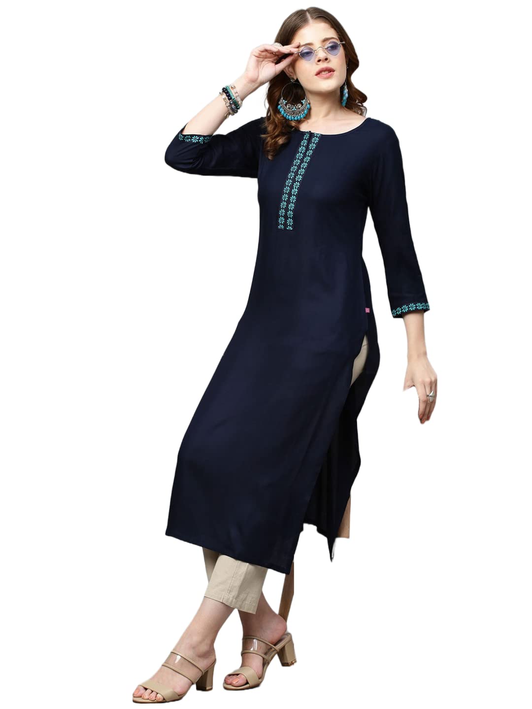 Gosriki Women'S Cotton Blend Solid Straight Kurta (Kissa Blue-Gs_Xl_Blue_X-Large),Blue,,B0BQG8SYX1