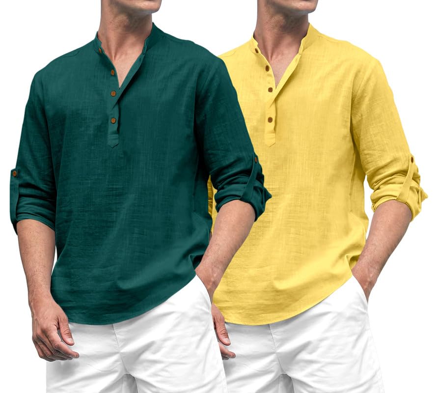 Royalscout Combo Of Men'S Solid Cotton Blend Full Sleeve Straight Kurta Shirt (Pack Of 2) Green-Yellow