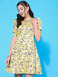 Oomph! Women'S Western & Fusion Wear Below Knee Shift Yellow Dress In Crepe Fabric With Round Neck And Puff Sleeves - Md621M