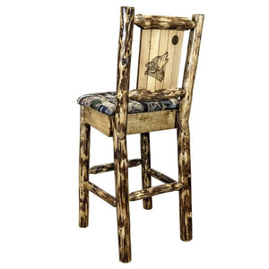 Montana Woodworks Glacier Country Collection Barstool With Upholstered Seat, Woodland Pattern, Laser Engraved Wolf Design, Stain