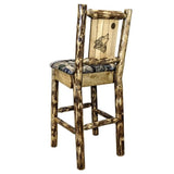 Montana Woodworks Glacier Country Collection Barstool With Upholstered Seat, Woodland Pattern, Laser Engraved Wolf Design, Stain