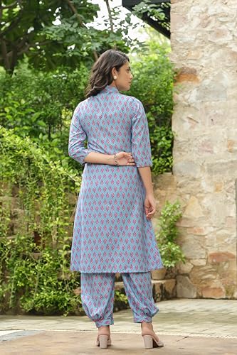 Leriya Fashion Rayon Printed A-Line Front Open Co-Ord Kurta Set For Women (Lf-W2127&Tr1094-S-Blue)