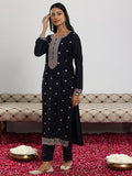 Libas Womens Embroidered Silk Blend Straight Kurta With Trousers And Dupatta Navy Blue 2Xl
