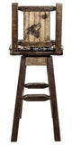 Montana Woodworks Homestead Collection Barstool With Back & Swivel, Upholstered Seat, Woodland Pattern With Laser Engraved Wolf