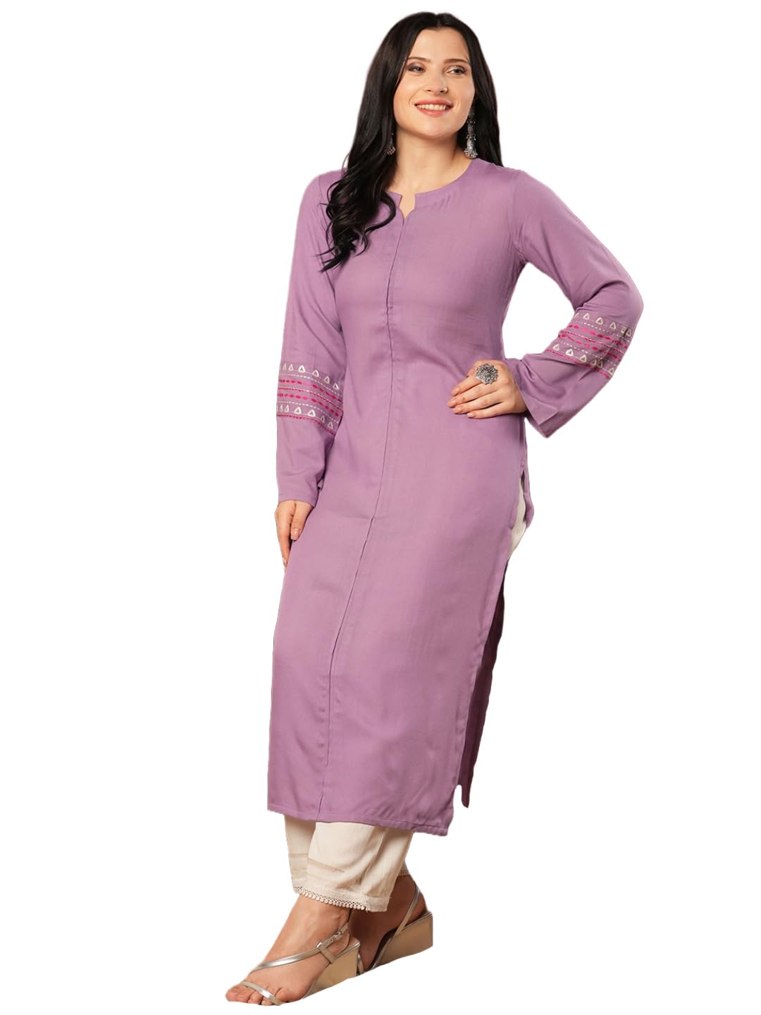 Anni Designer Women'S Rayon Viscose Straight Solid Pakistani Kurta (Sejalani Purple-Vks01_M_Cream_Medium),Purple,M