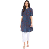 Fabindia Women Cotton Printed Knee Length Kurta Blue_XL