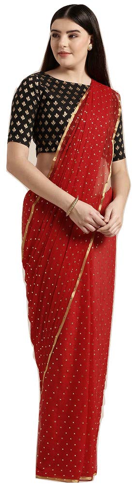 Anni Designer Women'S Chiffon Gold Print Polka Dots Saree,Multicolour,Free