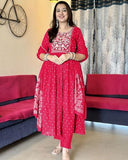 Anni Designer Women'S Rayon Viscose Embroidered Anarkali Kurta With Pant & Dupatta (Kanota Pink-Vks05_Xl_Pink_X-Large),Pink,XL,Rayon,Anarkali,