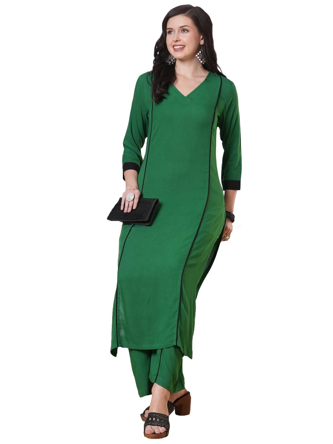 Anni Designer Women'S Rayon Viscose Straight Solid Kurta With Palazzo (Papita Green-Vks01_Xl_Green_X-Large),Green,XL,,,