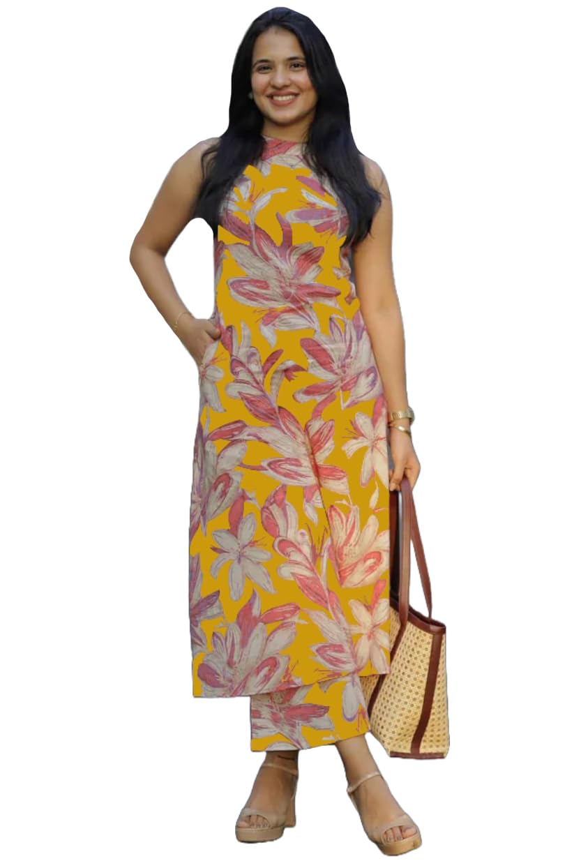 Anni Designer Women'S Rayon Viscose Straight Printed Kurta With Pant (Vcm Yellow_Xxl_Yellow_Xx-Large),Yellow,2XL