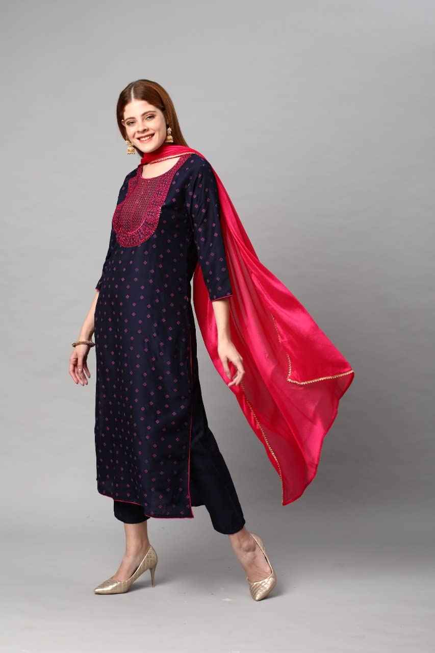 Gosriki Women'S Cotton Blend Printed Straight Kurta With Pant & Dupatta (Bhujia Blue-Nw_M-Gs_Blue_Medium),Blue,,B0BNNLYB8H