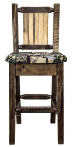 Montana Woodworks Homestead Collection Barstool With Upholstered Seat, Woodland Pattern, Laser Engraved Pine Tree Design, Staine