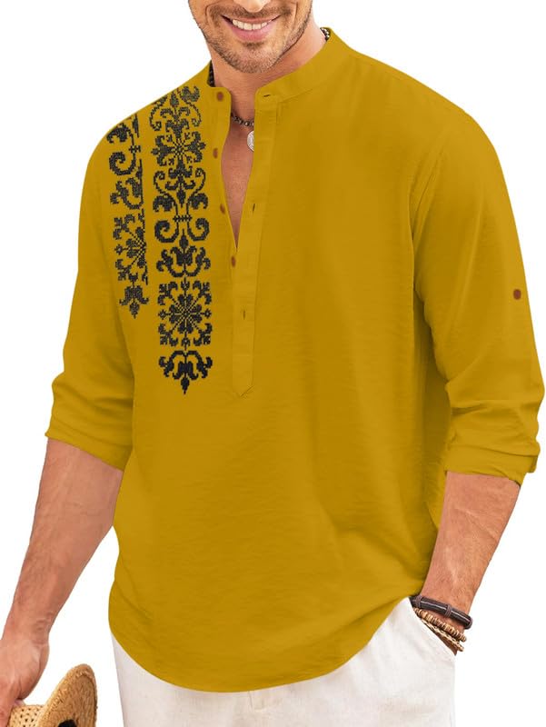 Royalscout Men'S Regular Fit Stylish Embroidered Design Cotton Blend Full Sleeve Short Straight Kurta Shirt Gold