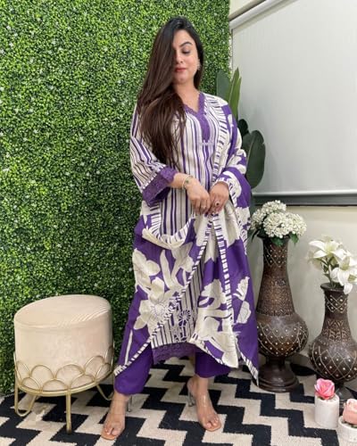 Anni Designer Women'S Rayon Blend Straight Printed Kurta With Pant & Dupatta (Exhuma Begani_L_Begani_Large),Begani,L,Rayon Blend,Regular,