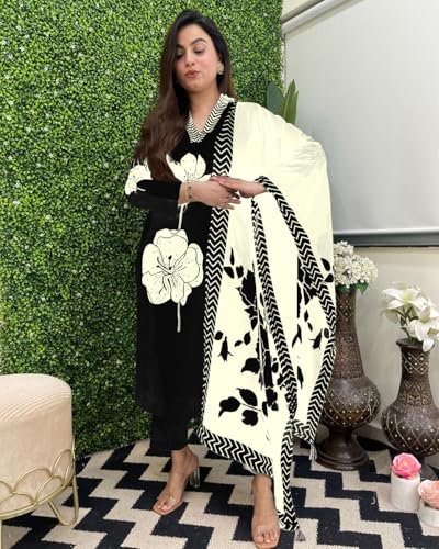 Anni Designer Women'S Cotton Blend Straight Printed Kurta With Pant & Dupatta (Reeka Black_Xl_Black_X-Large),Black,XL,Cotton Blend,Regular,