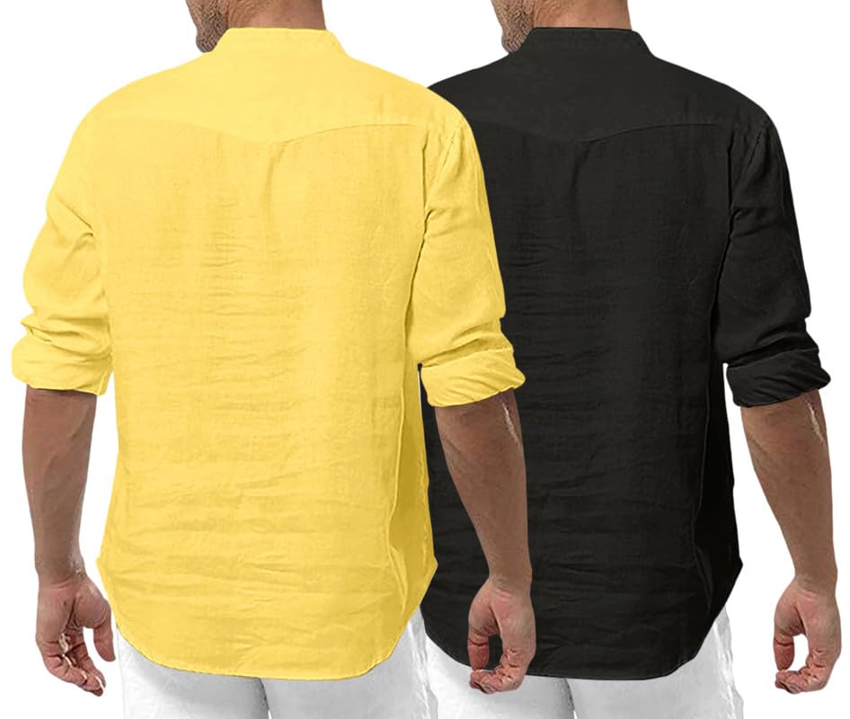Royalscout Men'S Cotton Polyester Blend Solid Regular Fit Full Sleeve Short Kurta | Ethnic, Lightweight Summer Kurta For Daily & Occasion Use Yellow-Black Yellow-Black 3Xl
