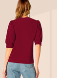 Wedani Women'S Casual Puff Sleeves Round Collor Solid Top (Medium Maroon),Maroon,M,Polyester,Regular,
