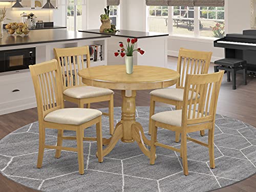 East West Furniture Anno5-Oak-C 5 Pieces Set 4 Room Chairs With Linen Fabric Seat And Slatted Back-Round Top And Pedestal Le