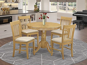 East West Furniture Anno5-Oak-C 5 Pieces Set 4 Room Chairs With Linen Fabric Seat And Slatted Back-Round Top And Pedestal Le