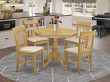 East West Furniture Anno5-Oak-C 5 Pieces Set 4 Room Chairs With Linen Fabric Seat And Slatted Back-Round Top And Pedestal Le