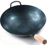 Traditionally Hand Hammered Pre Seasoned Flat Bottom 14 Inch Blue Carbon Steel Chinese Pow Wok 1pc